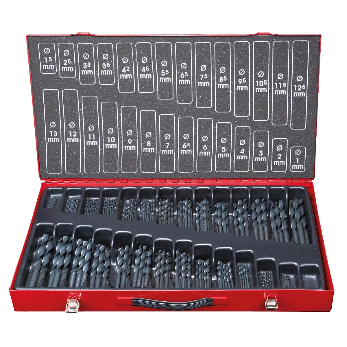 Roter Werkzeugkasten mit verschiedenen Bohrern in verschiedenen Größen. Auf dem Deckel stehen die Größenangaben.